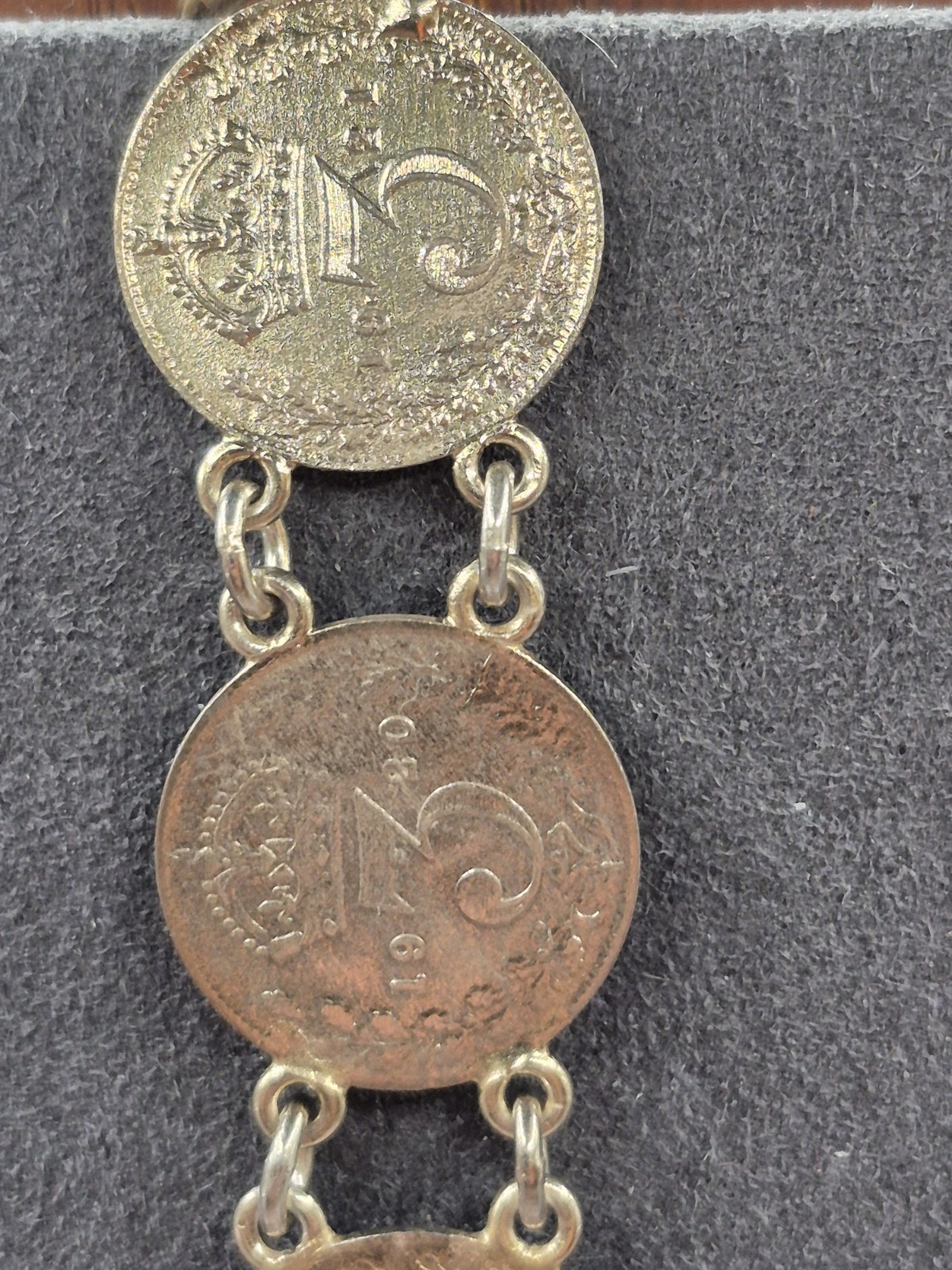 Antique Silver Coin Bracelet Chain Link Size 6.5. Gold Vermeil 1900’s To 1930’s