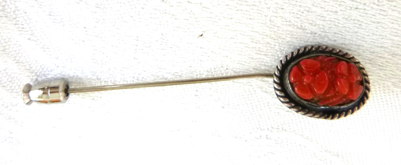 Vtg Artisan Carnelian Stick Pin 925 Sterling Silver Top Flower Design Stickpin