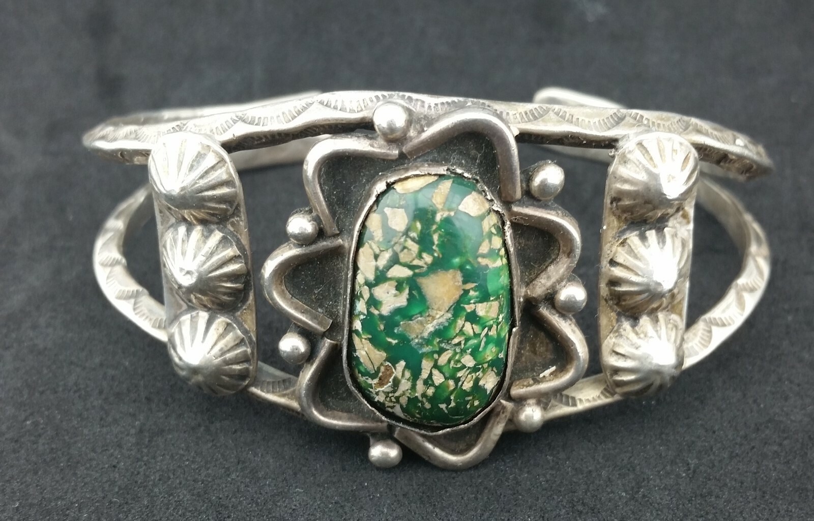 Vtg Damele Turquoise Sterling Silver Cuff Concho Bracelet Circa 1920s Sand Cast