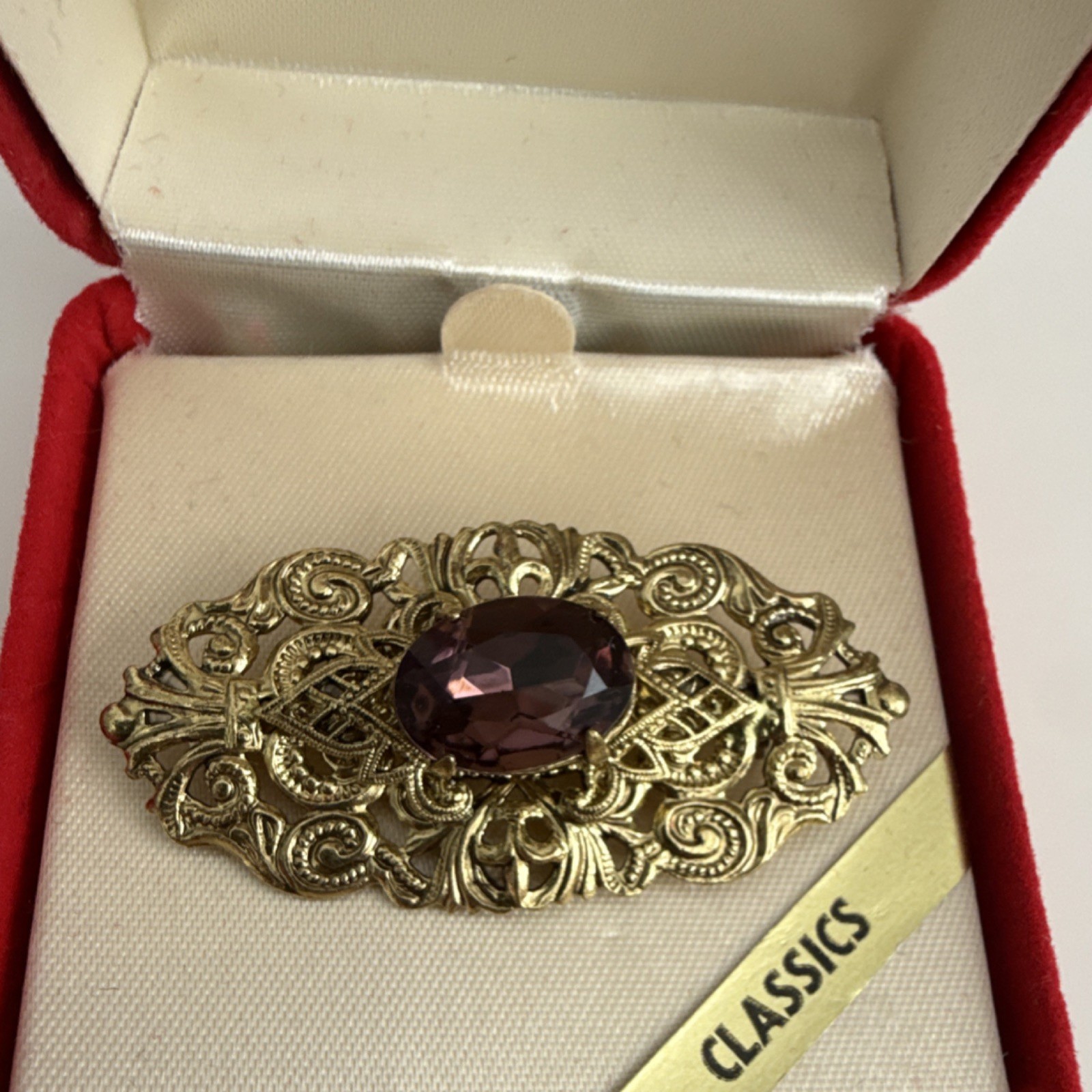 Tacoa Vintage Gold Tone Brooch Purple Oval Glass Stone Bezel Setting vintage