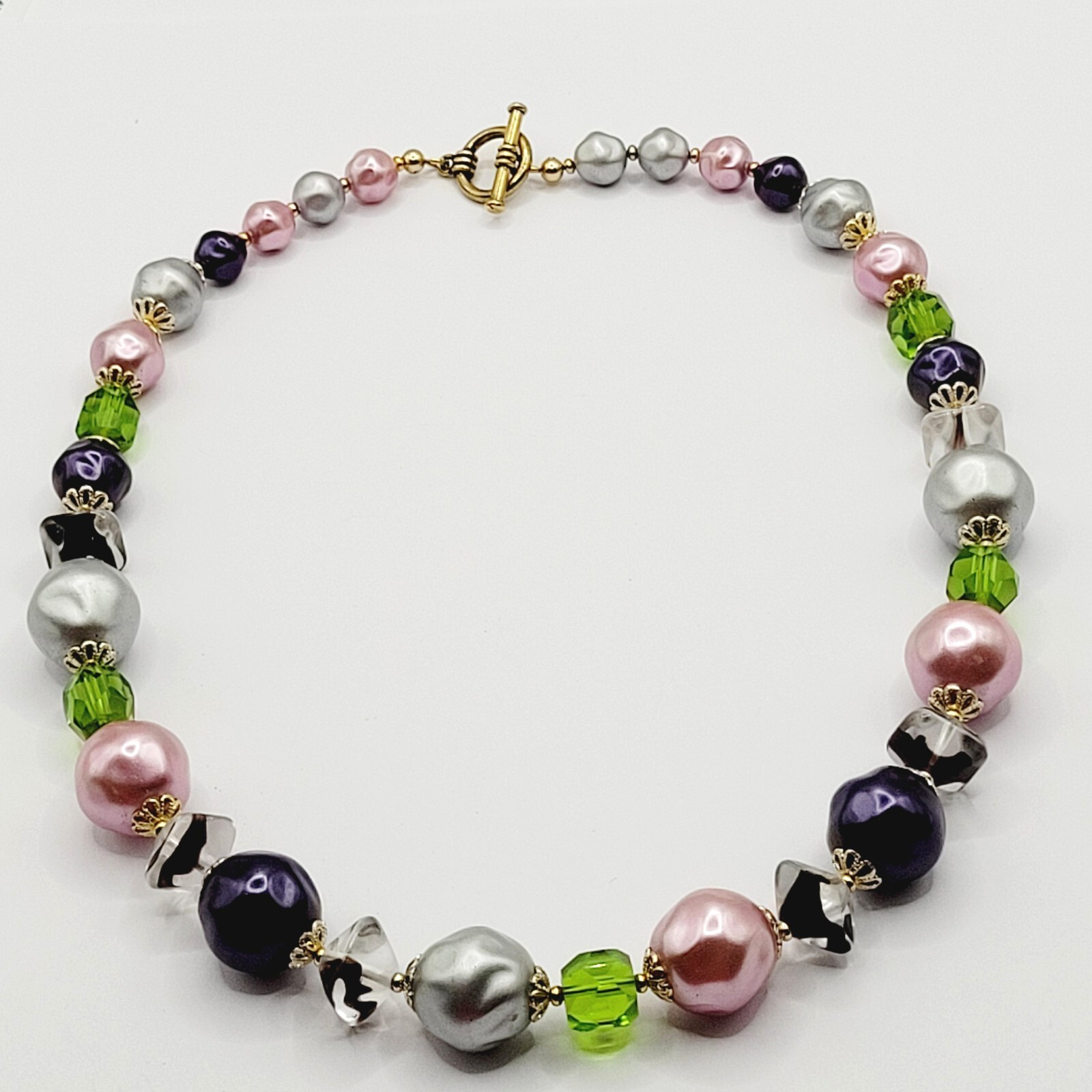 Colorful Glass & Faux Pearl Style Multi Color Shape Bead Vintage Necklace 21 In