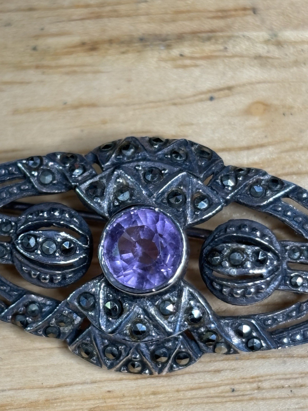 Rare Vintage Amethyst, Marcasite & Sterling Silver 925 Brooch