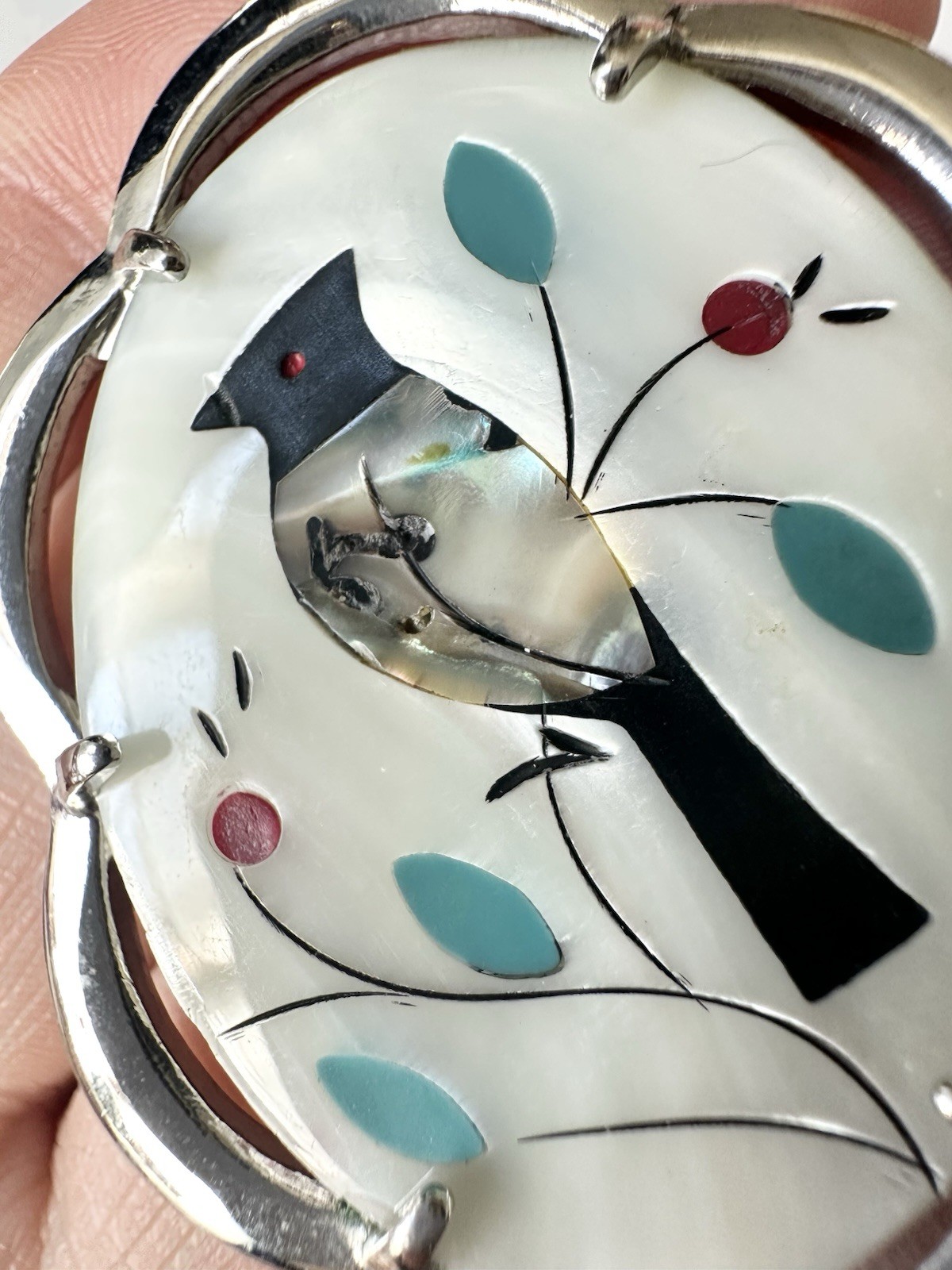 Vintage Mother of Pearl Inlay Bird Pendant Abalone Detail Oval Silver Tone