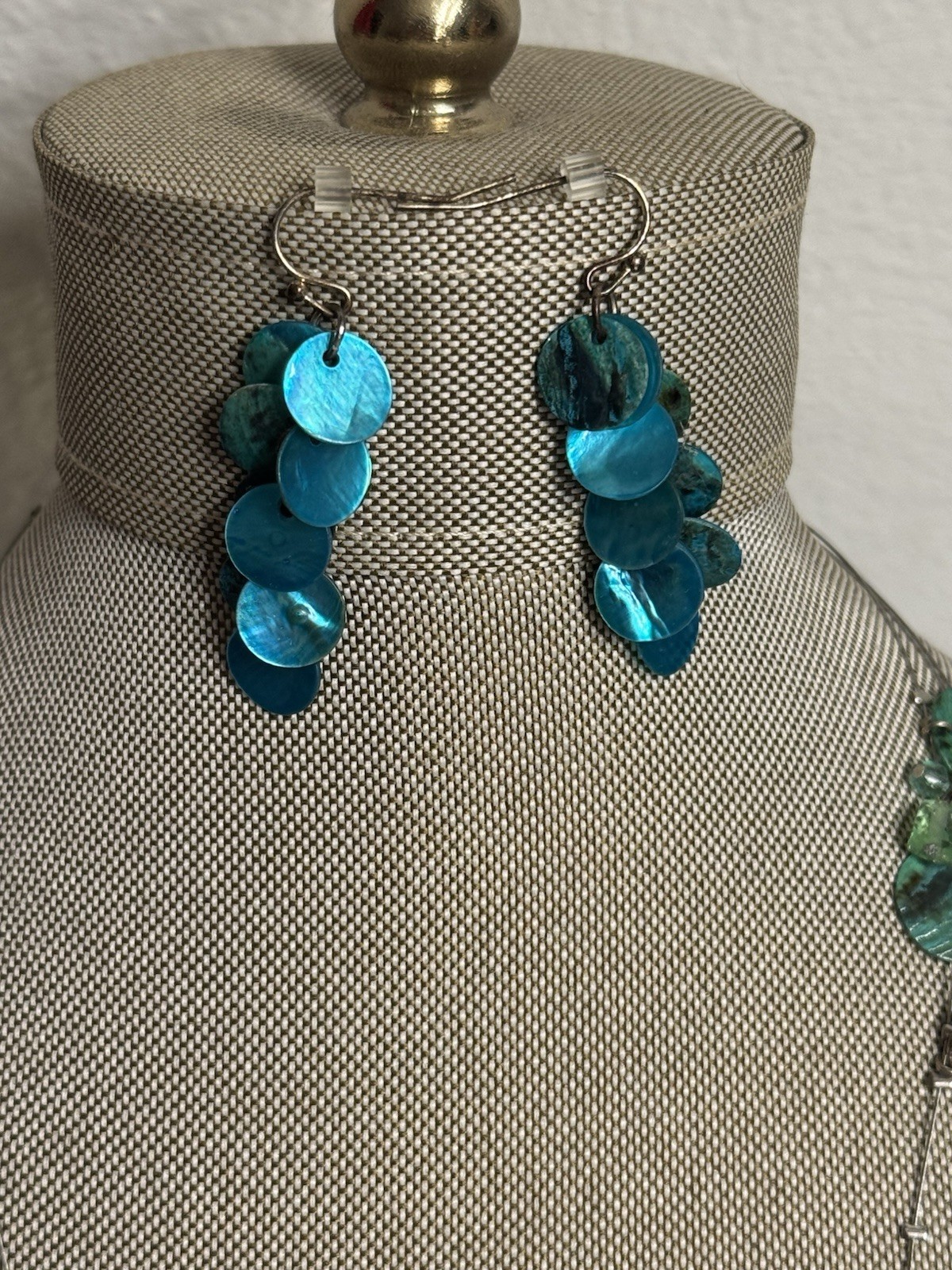 Coldwater Creek Boho Mother Of Pearl Aqua Turquoise Necklace & Ear Earrings VTG