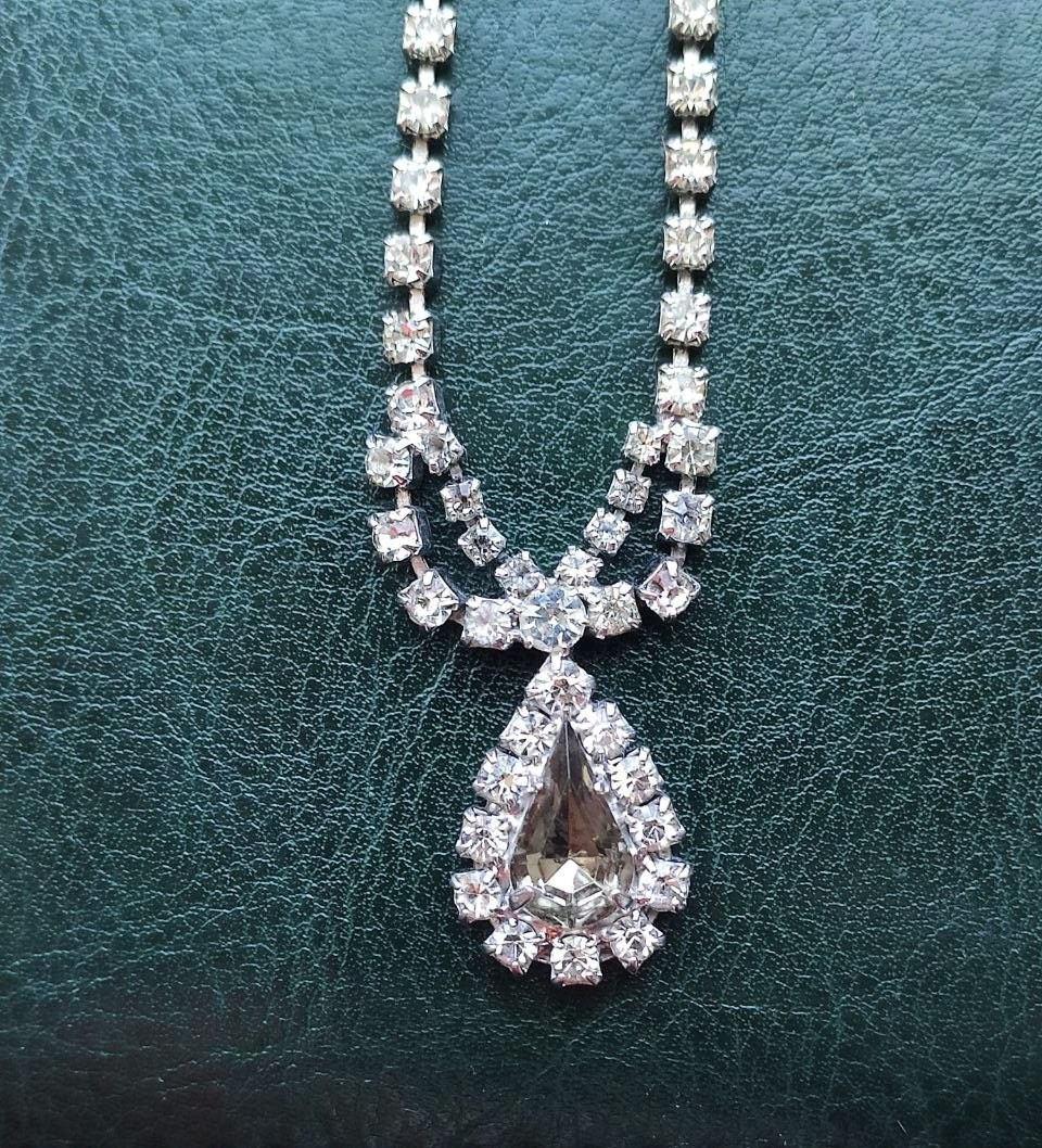Vintage Soviet Rhinestone Choker Necklace Smoky Glass Drop Pendant USSR 1970s