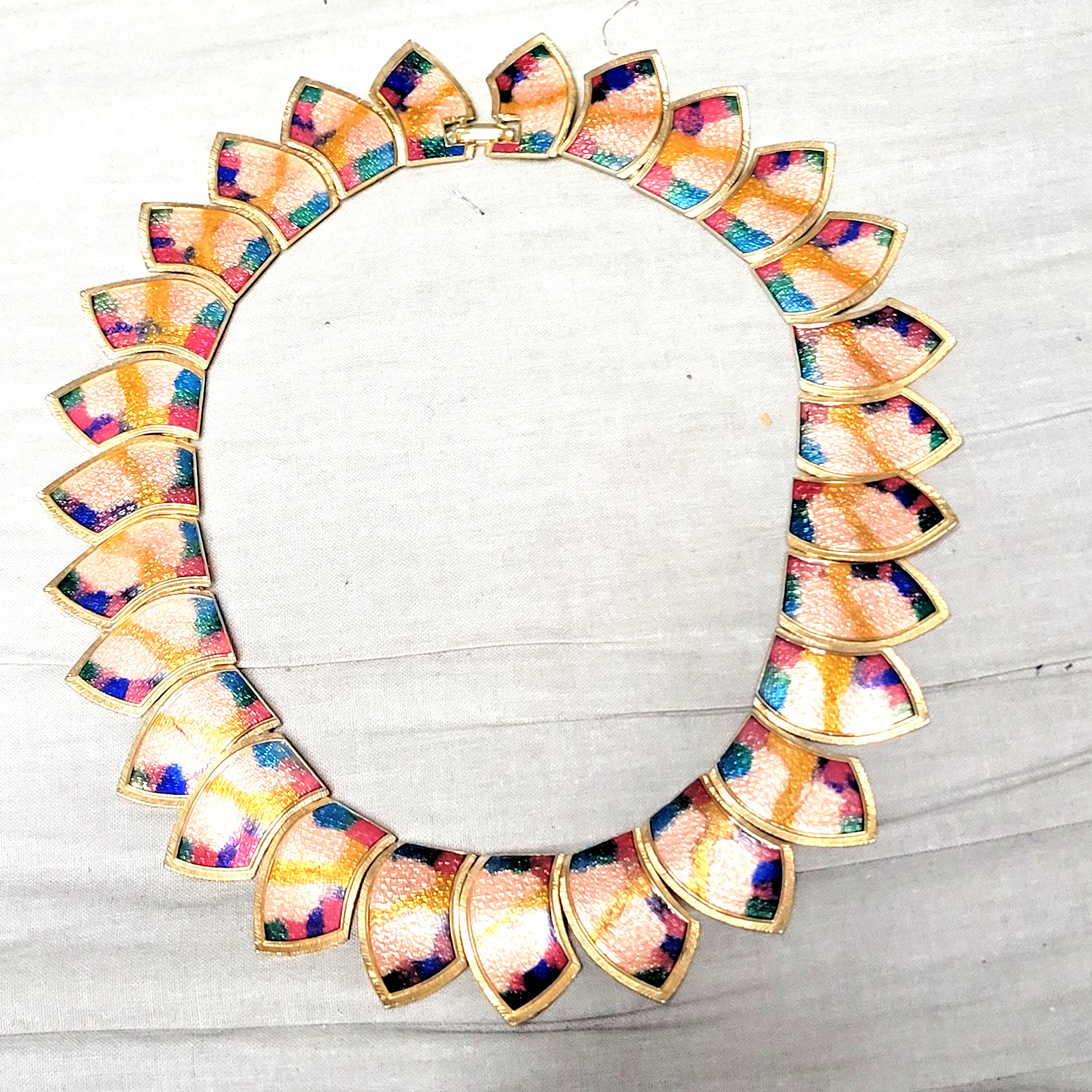 Vintage 1980’s Gold, Red, Green & Purple Enamel Collar Necklace Gold Tone
