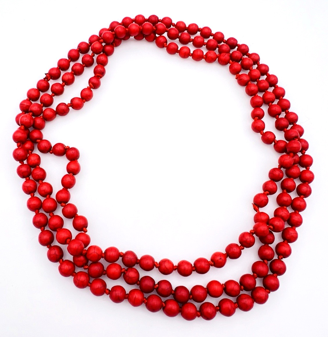Vintage Hand Knotted Dyed Red Howlite Flapper Necklace 60 in
