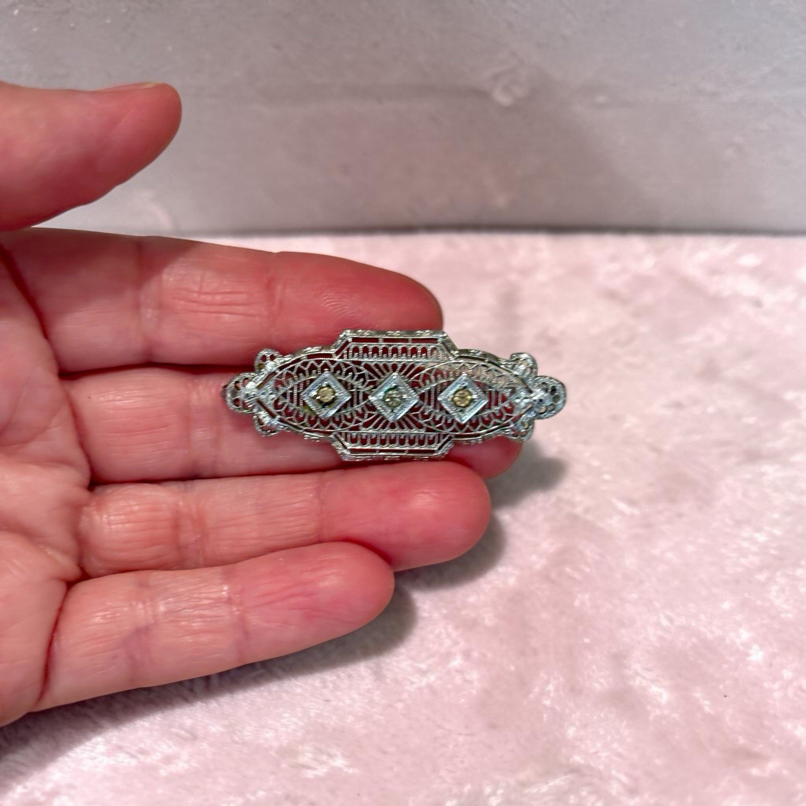 Vintage Art Deco Filigree Silver Tone Brooch Paste Glass Rhinestone Pin 1930s