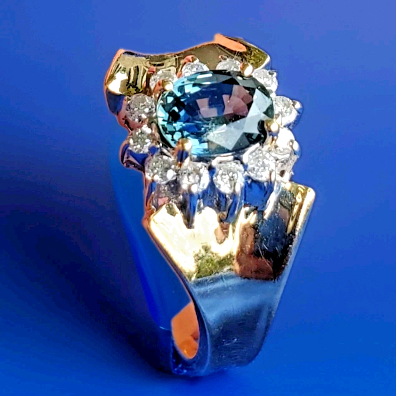 Original EARTH MINED Teal Blue SAPPHIRE DIAMOND Engagement Ring SOLID 14K GOLD 9