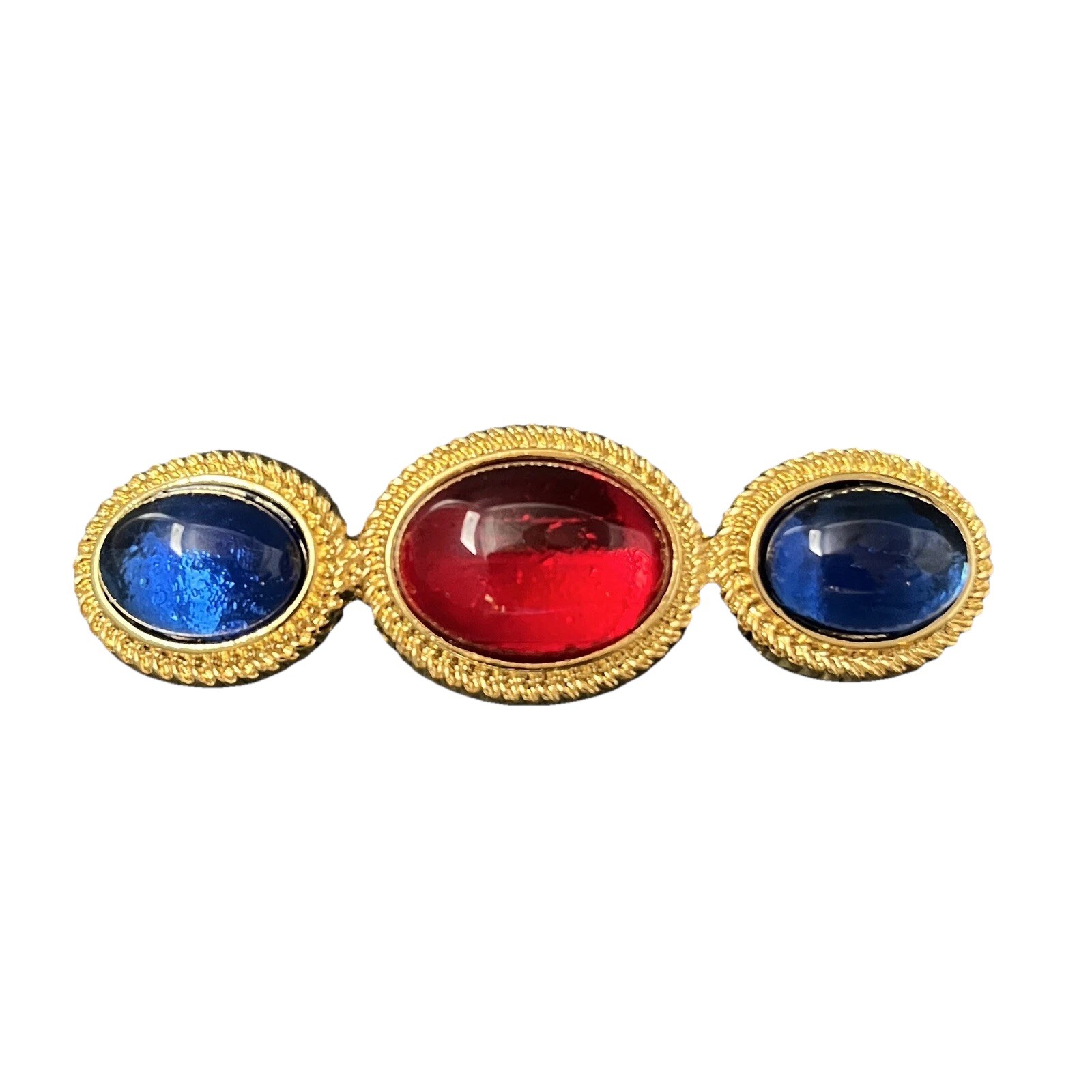 Gripoix Style Glass Cabochon Brooch Bar Pin Gold Tone Red Blue Scarf Pin