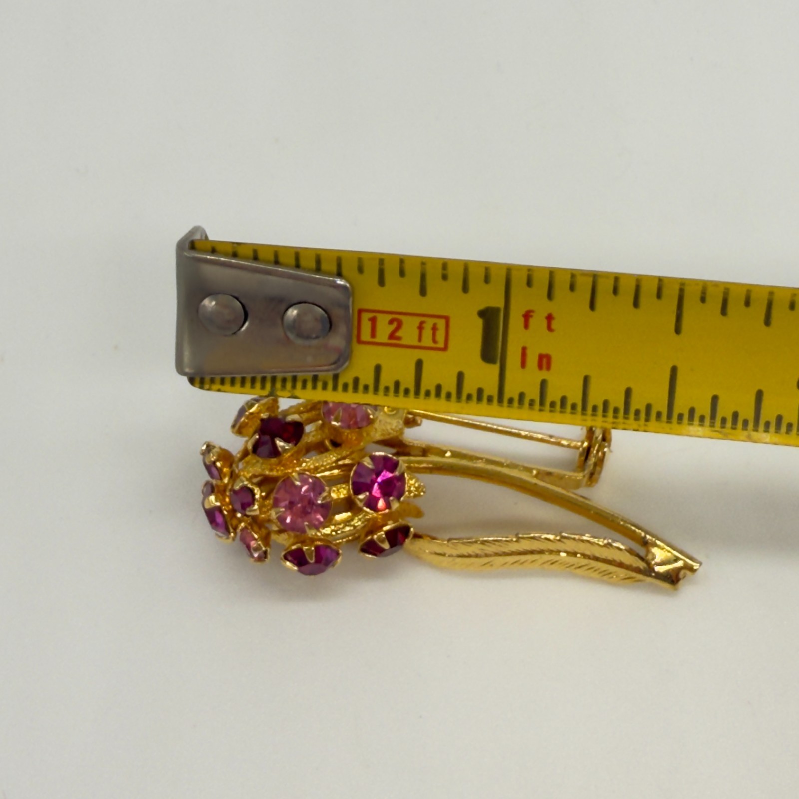 Vintage Flower Brooch and Earring Set Pink Red Rhinestones Gold Tone Clip Ons