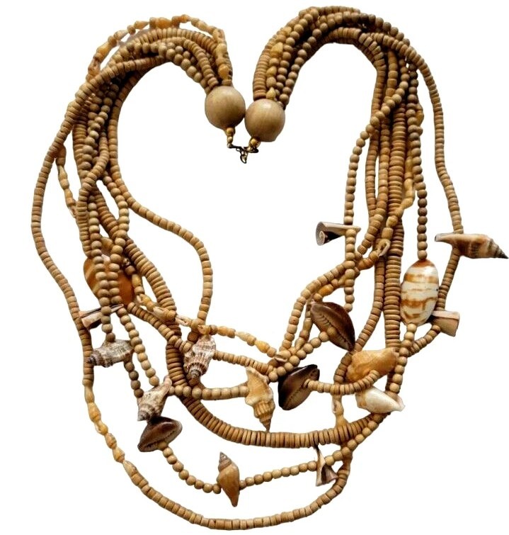 Sea Shell & Hand Carved Wood Bead Multi 7 Strand Necklace Unique Ocean Jewely
