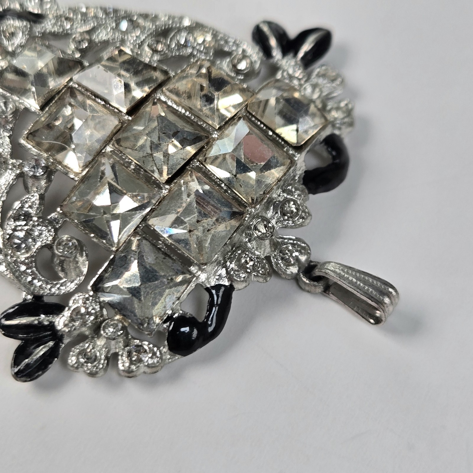 Art Deco Rhinestone & Black Enamel Lavaliere Pendant Only