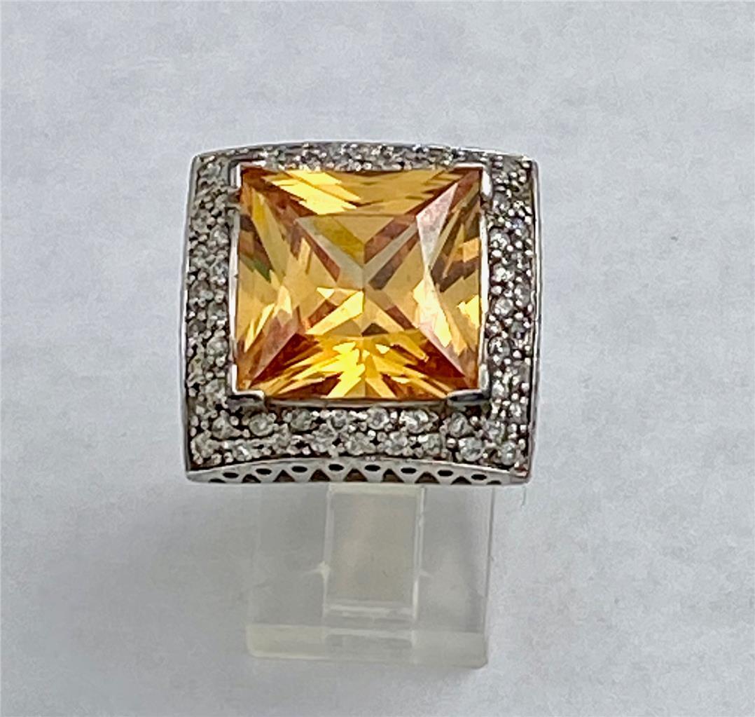 925 Sterling Silver Citrine Yellow Cubic Zirconia Clear Accent Stones Ring 7.5