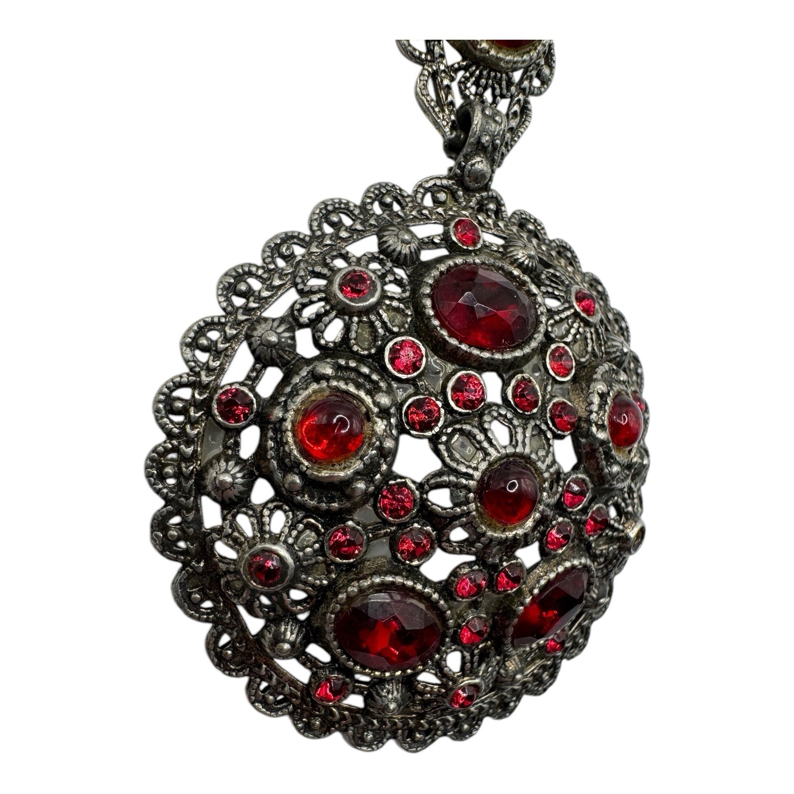 Vintage NE Glass Works Filigree Pendant Necklace – Red Glass Stones, Goblet Mark