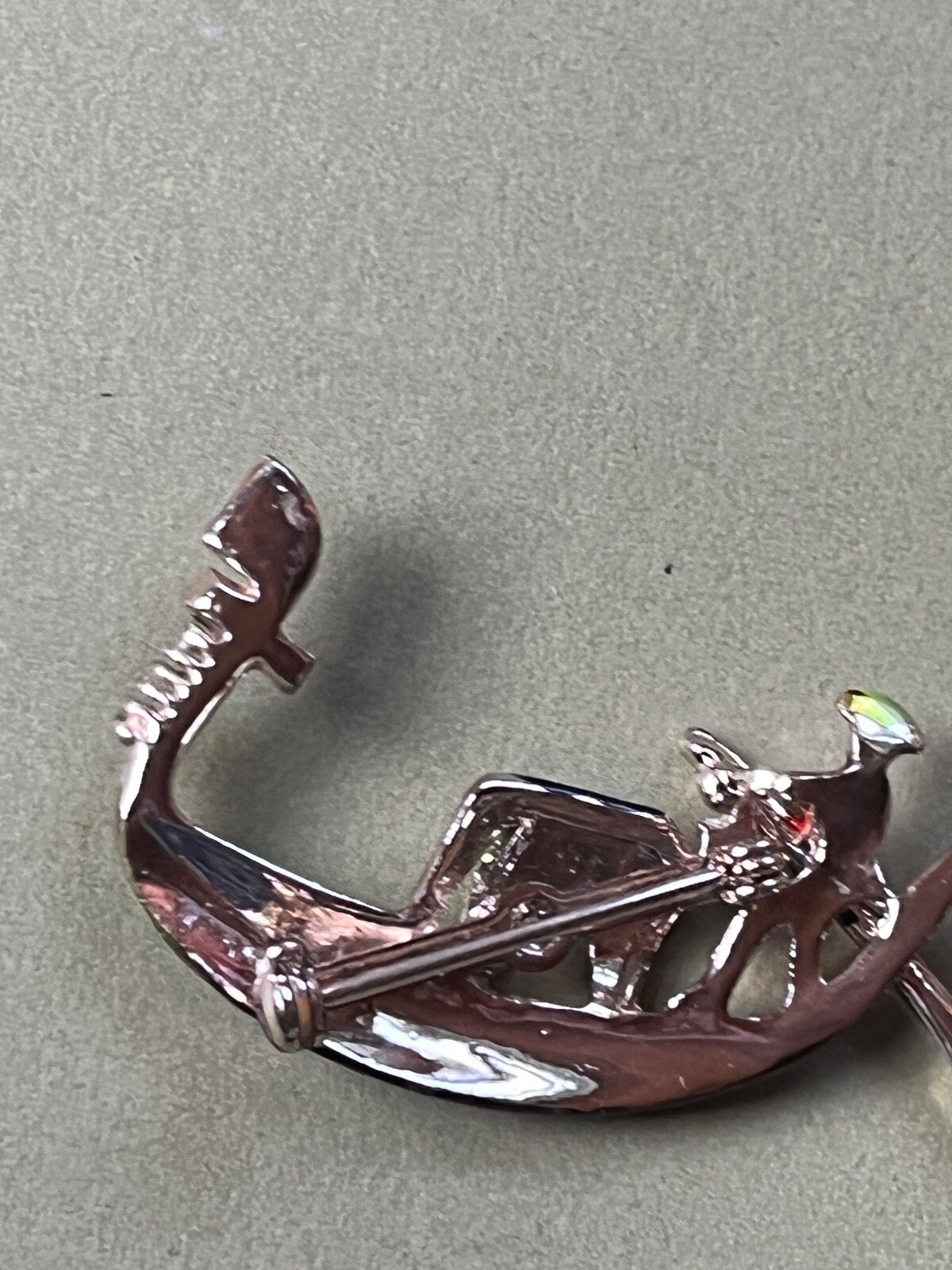 Vintage LIme Green Black & Red Enamel Asian Fishing Boat Figural w Clear Rhinest