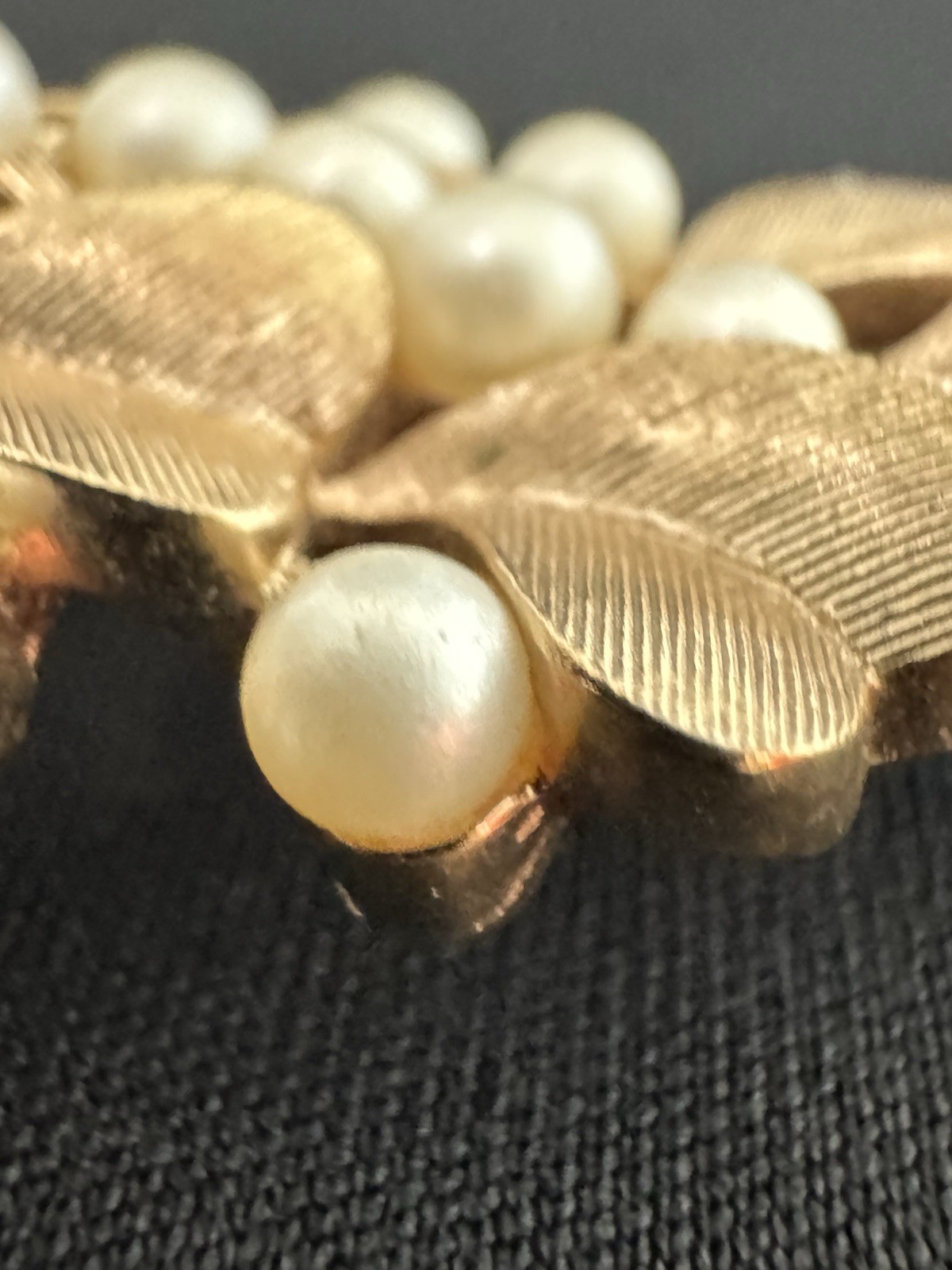 Vintage Crown Trifari Faux Pearl Berry Leaf Spray Brooch Gold Tone Textured Pin