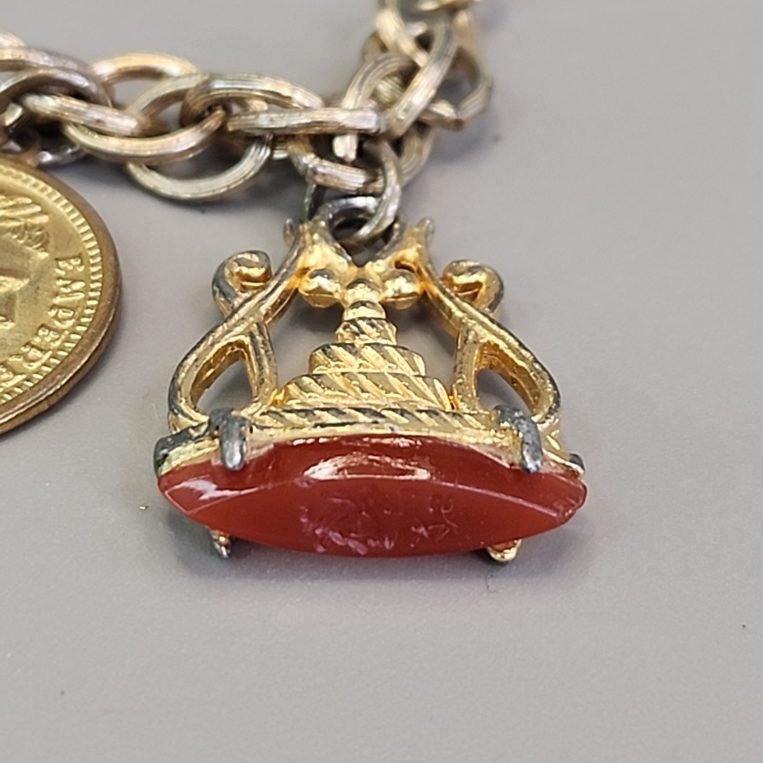 Vintage Intaglio Charm Coin Bracelet Carnelian Signet 7″ Signet Gold Tone Worn