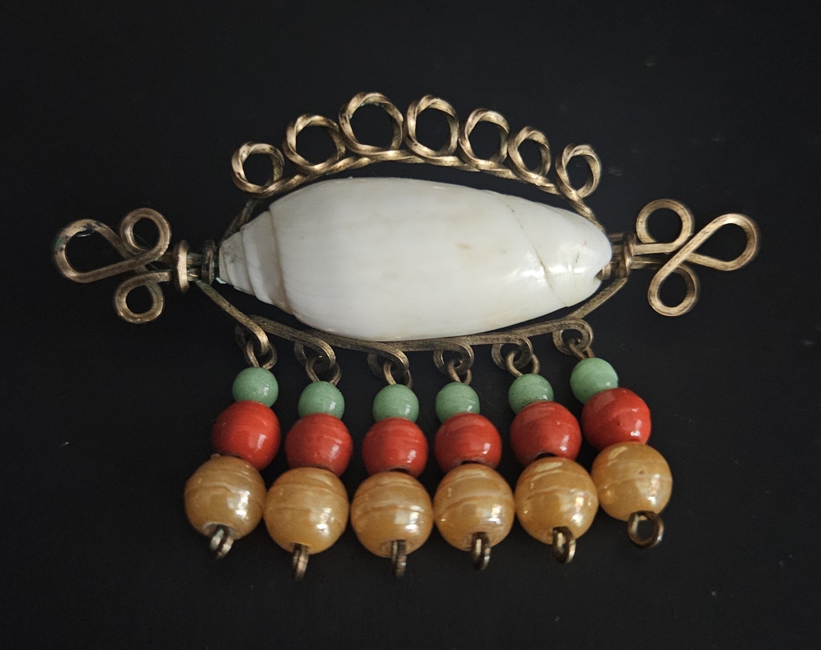 Antiique Shell Brooch Pin Wire Wrapped Glass Beaded Dangles Circa 1920