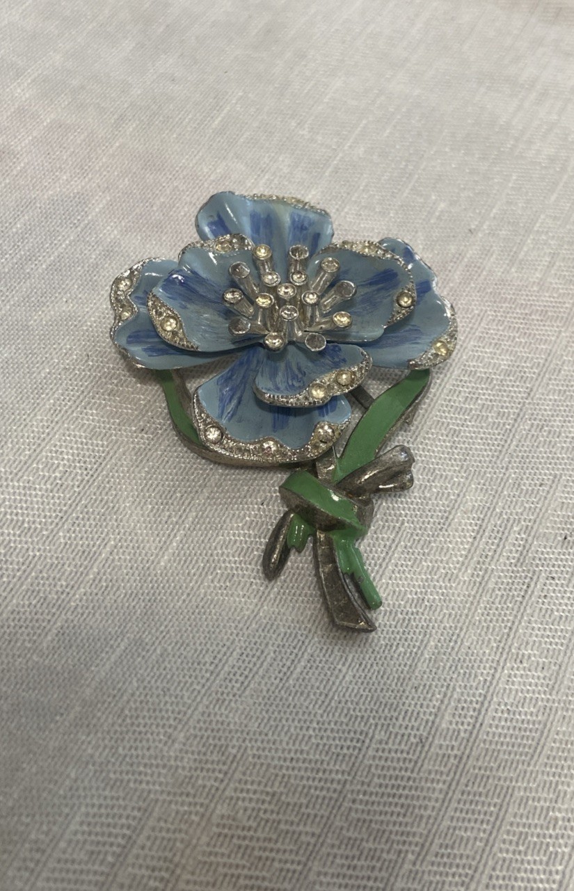 New England Glass Works Trembler Brooch Blue Pansy Flower Enamel Pot Metal