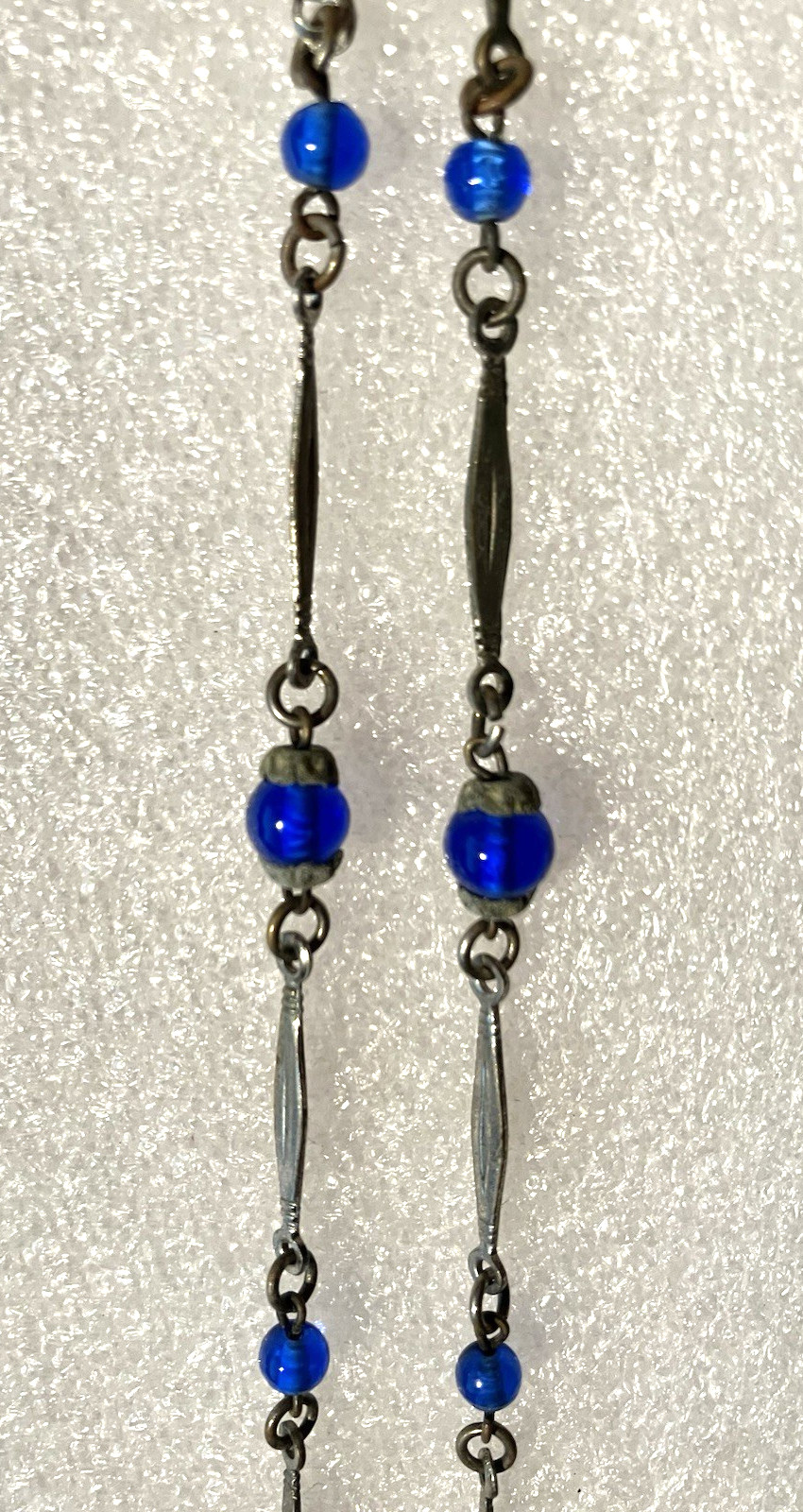 Vtg ART DECO CZECH blue foil GLASS drop pendant NECKLACE 3 “torpedo beads”