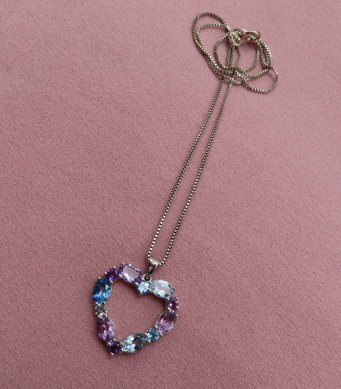 Vintage Sterling Silver Necklace Heart Pendant Purple Blue Topaz Gemstones 313c