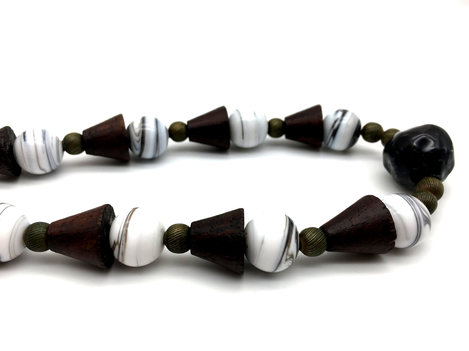 Miriam Haskell Signed Black Ceramic Cone Wood White Art Glass Beads 24″ Necklace