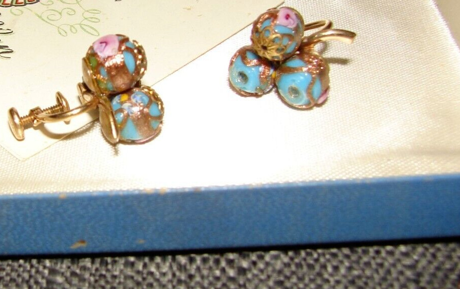 Vintage Venetian Murano Pink Blue Wedding Cake Beads Necklace and Clip Earrings