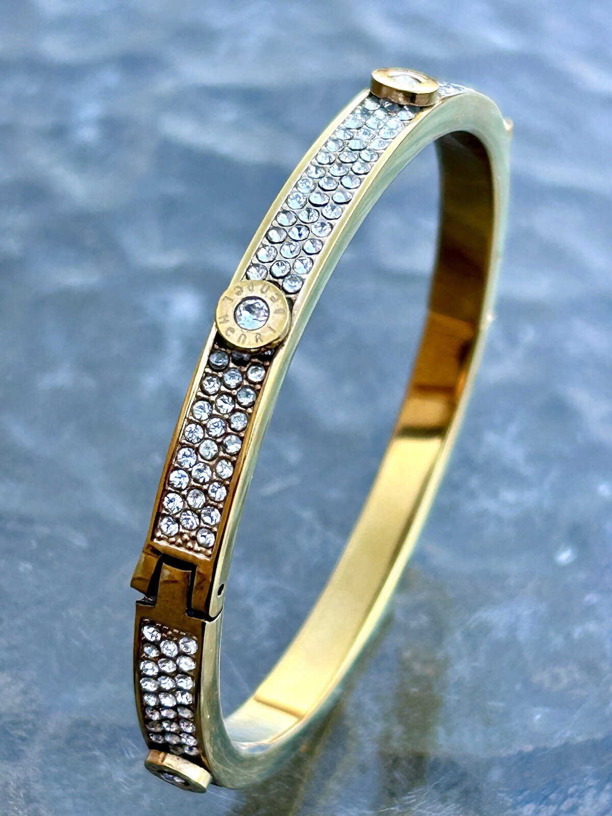 Vtg Signed Henri Bender Designer Rhinestone Gold Tone Hinged Bangle Bracelet