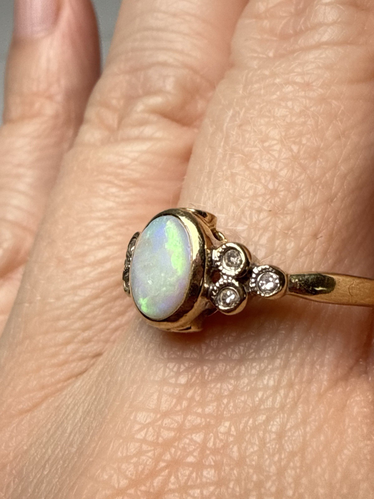Vintage 10k Gold Opal Oval Cabochon Ring Diamonds Ruby Size 8.75