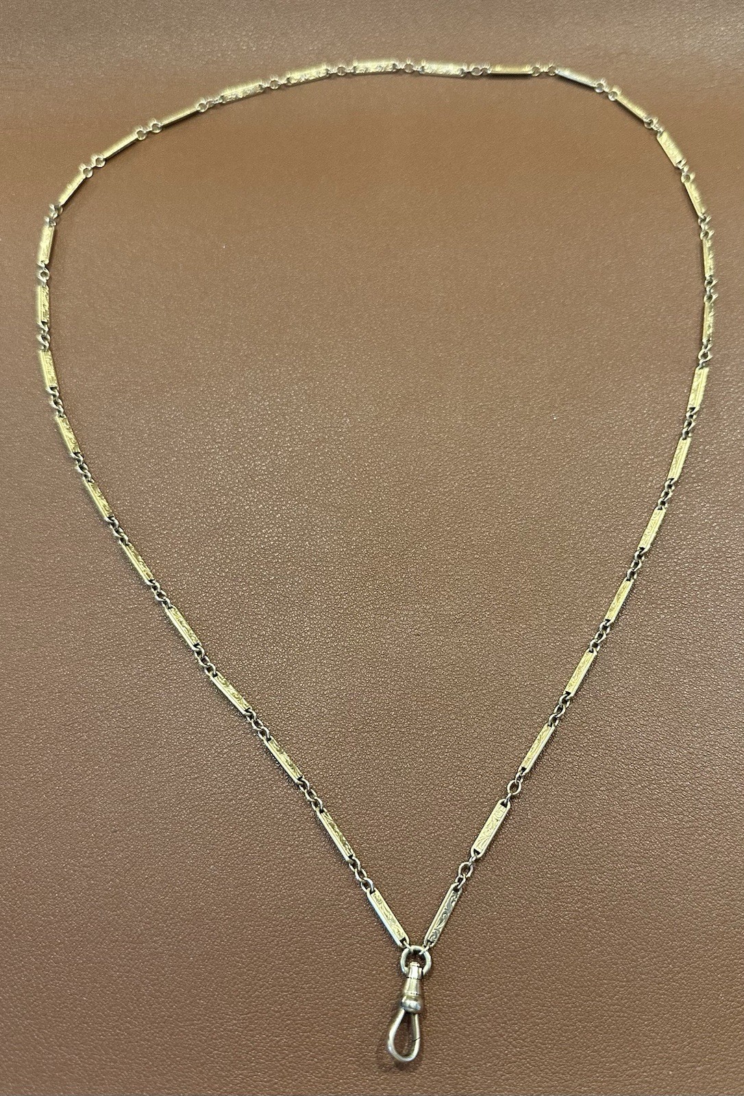 Antique Gold Filled 25″ Fancy Hand Engraved Bar Link Chain Necklace w/ Dog Clip
