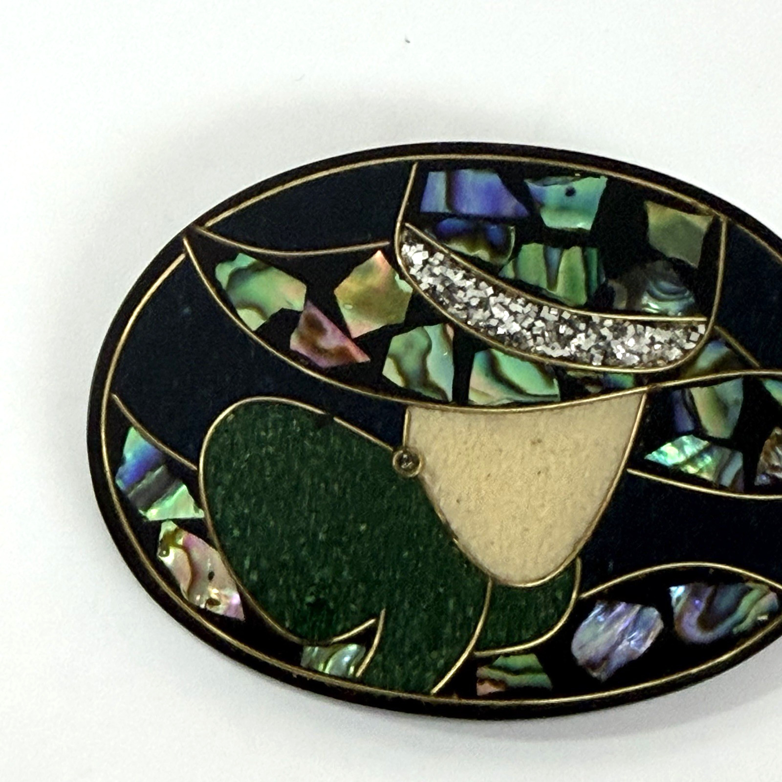 Vintage Paua Shell Brooch Earring Set Abalone Inlay Black Resin Art Deco Gatsby