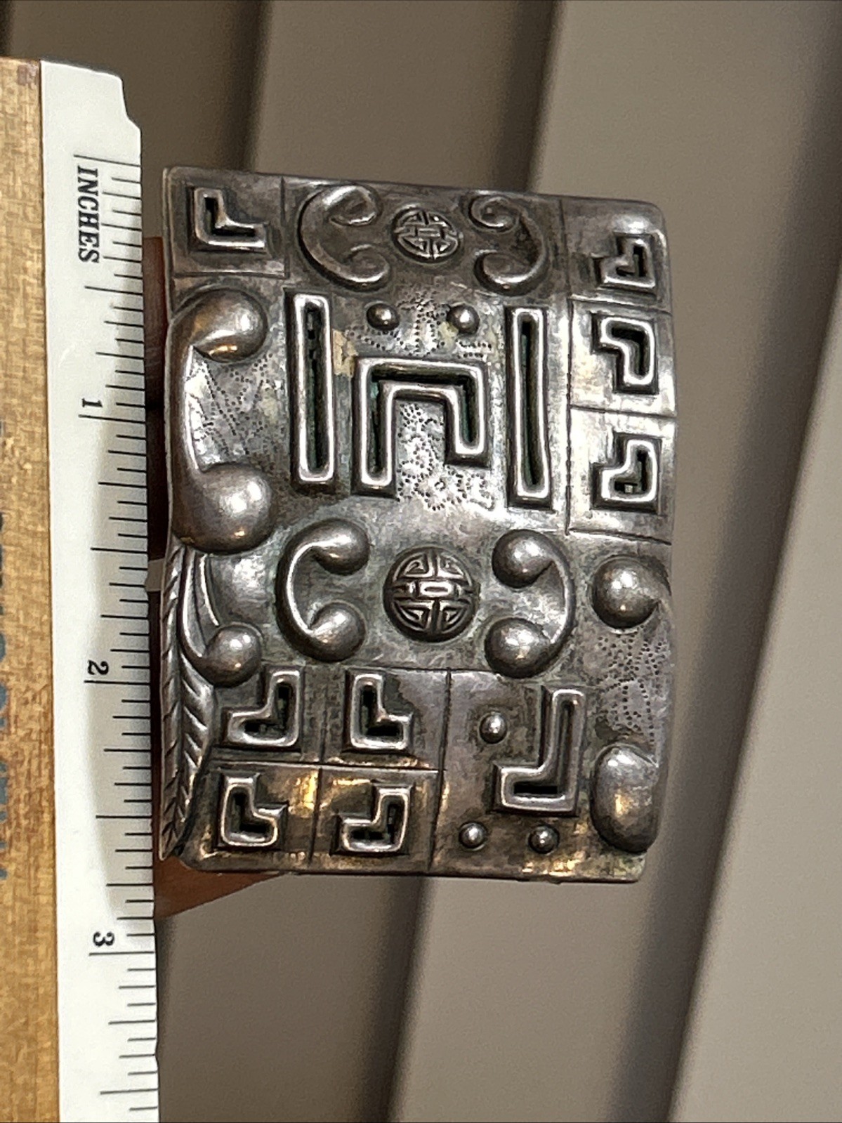 39. Old CHIN SUNG Silver Tribal Repousse Shadow Box Rectangle Pin 67 x 50mm