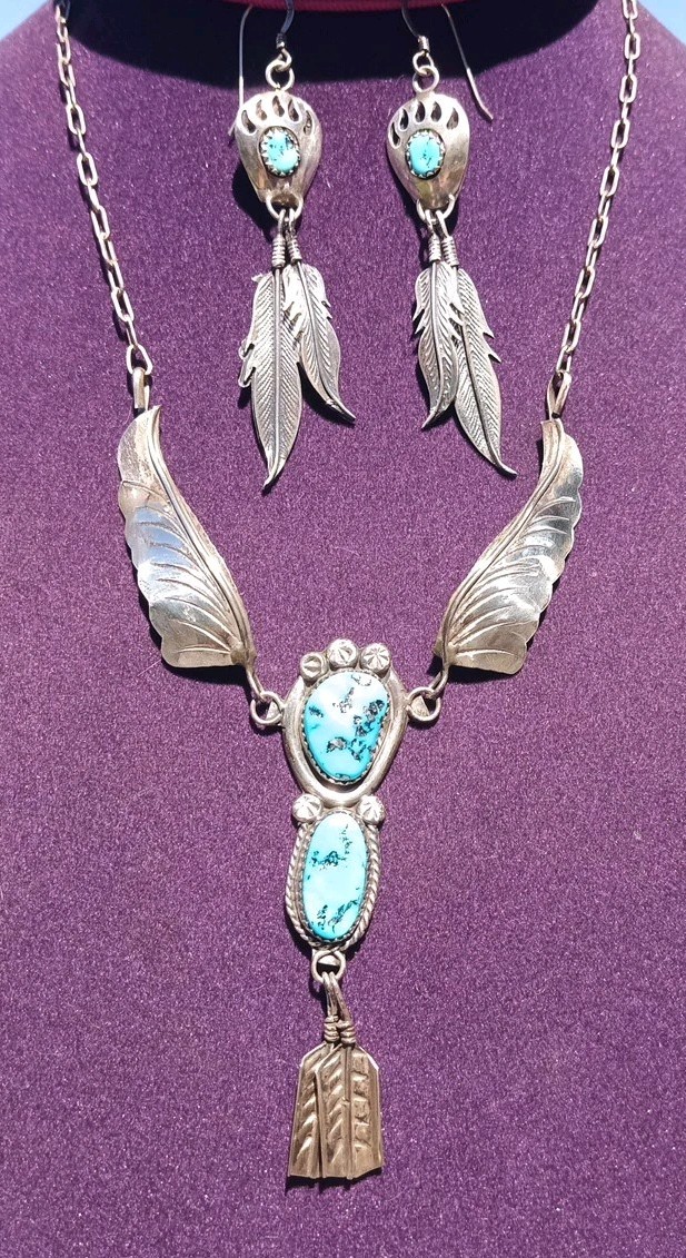 VINTAGE NAVAJO TURQUOISE STERLING SILVER FEATHER NECKLACE & EARRINGS 25.7 Gram