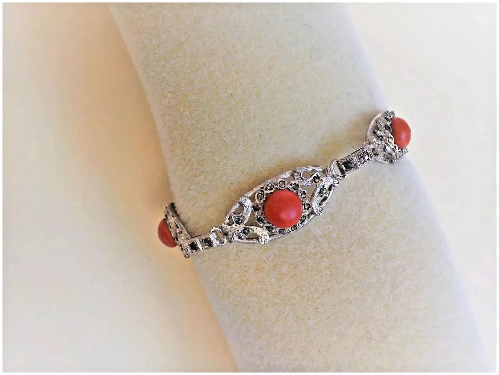 Vintage European Ox Blood Red Coral Marcasite 800 Silver Bracelet