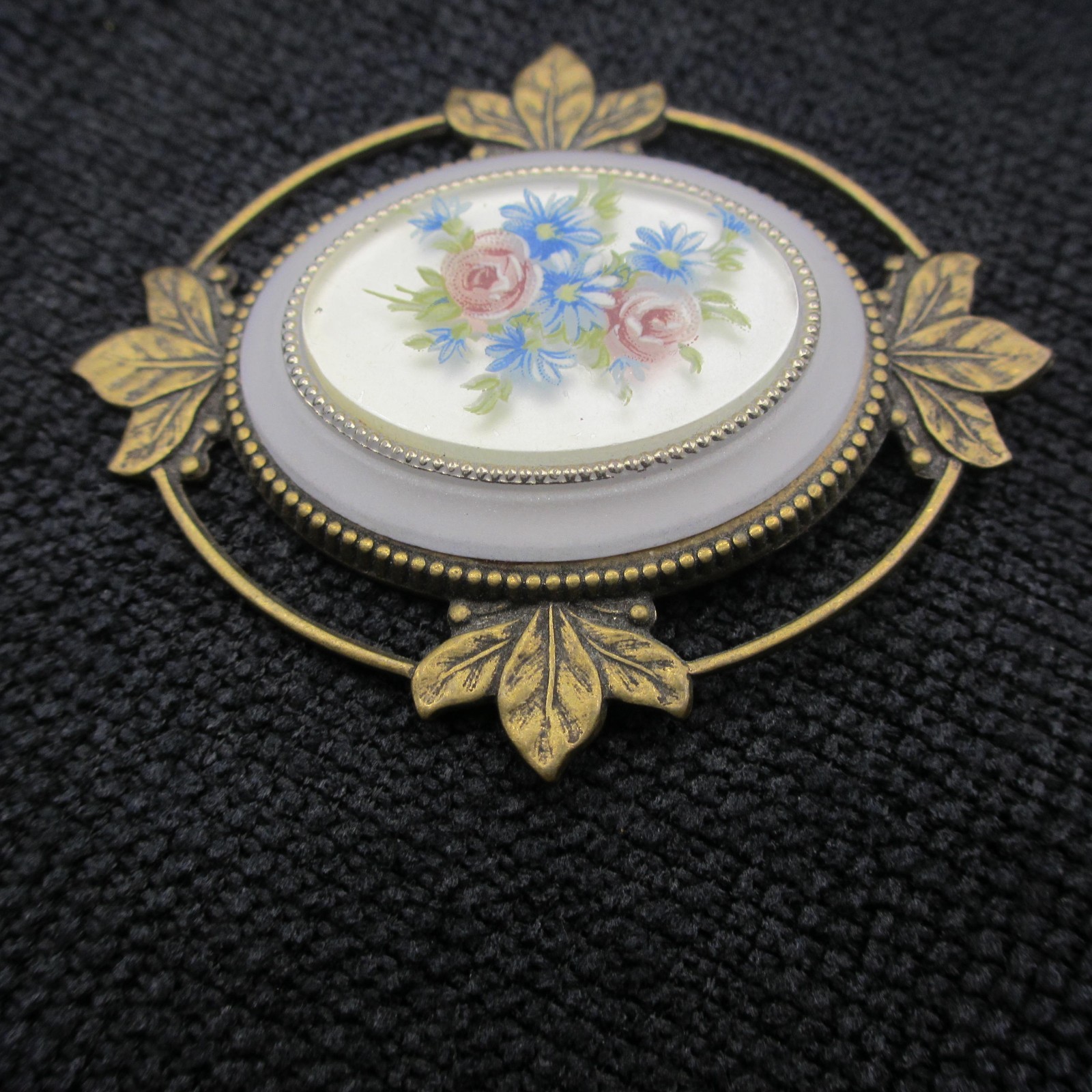Vintage Victorian Revival Brooch Floral Bouquet Pastel Leaf Frame Gold Tone