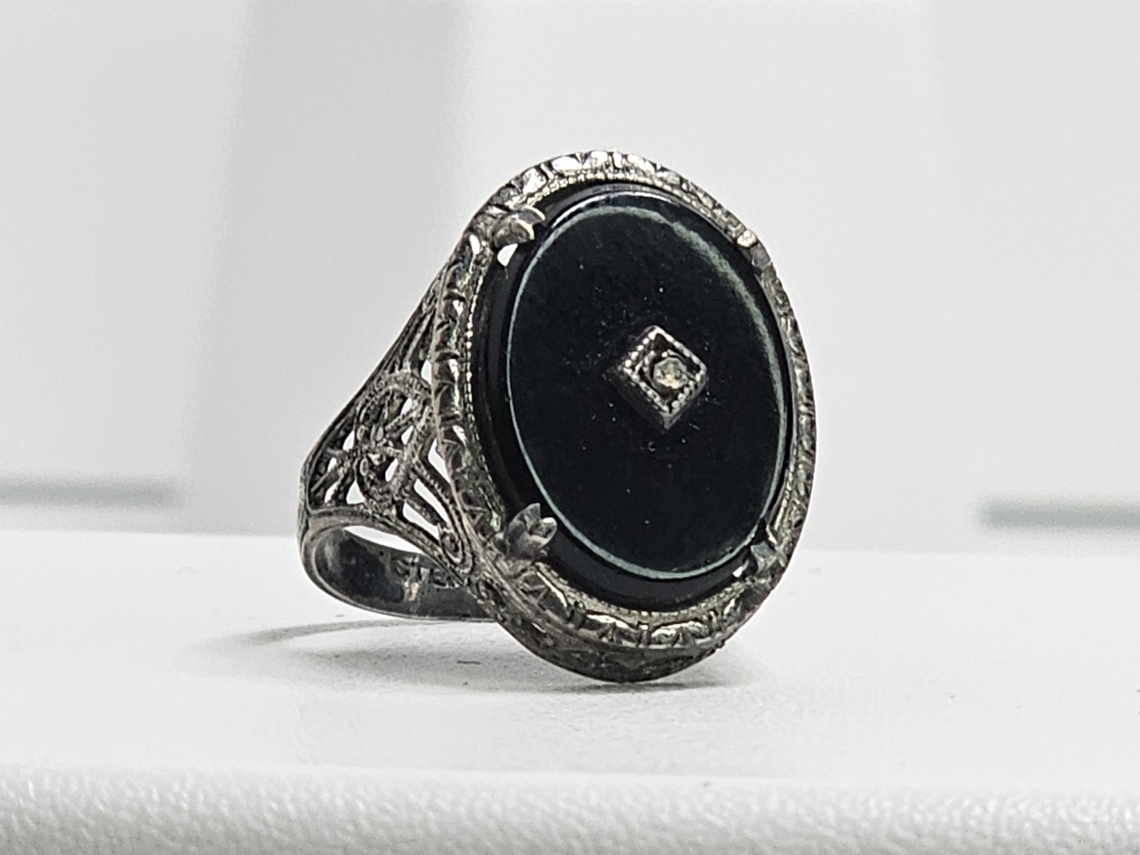 Antique Sterling Onyx & Rough Diamond Filigree Ring Sz 6 (Loose Stone/Onyx)