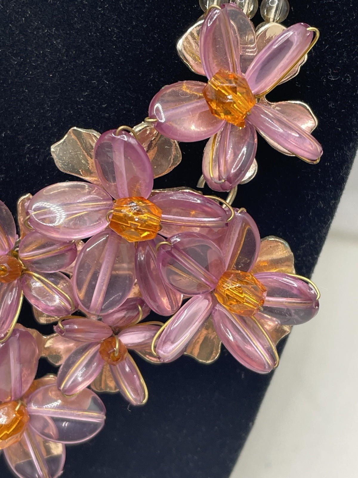Statement Necklace Coldwater Creek Lucite Purple 3D Flowers beads Vtg