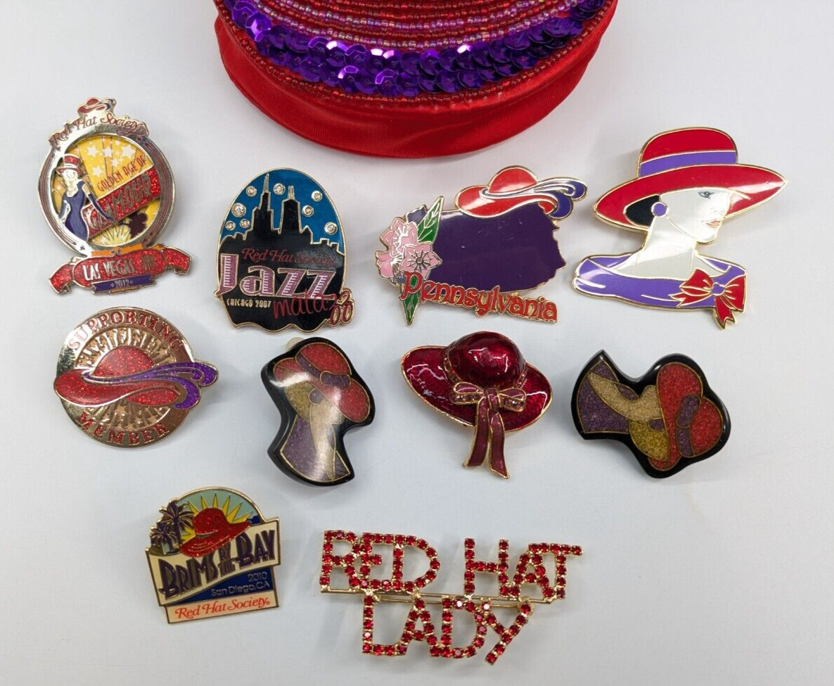 VTG Lot of Red Hat Society Assortment of 10 Brooch Pins Earrings Zipper Pouch