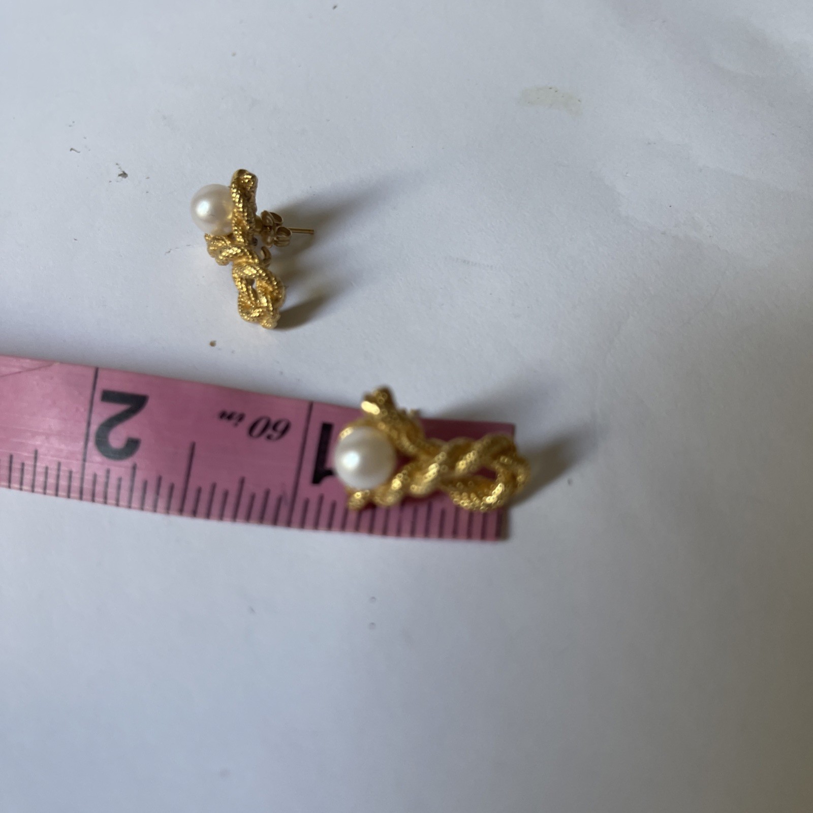 Vintage Gold Tone Knotted Rope Pearl Earrings