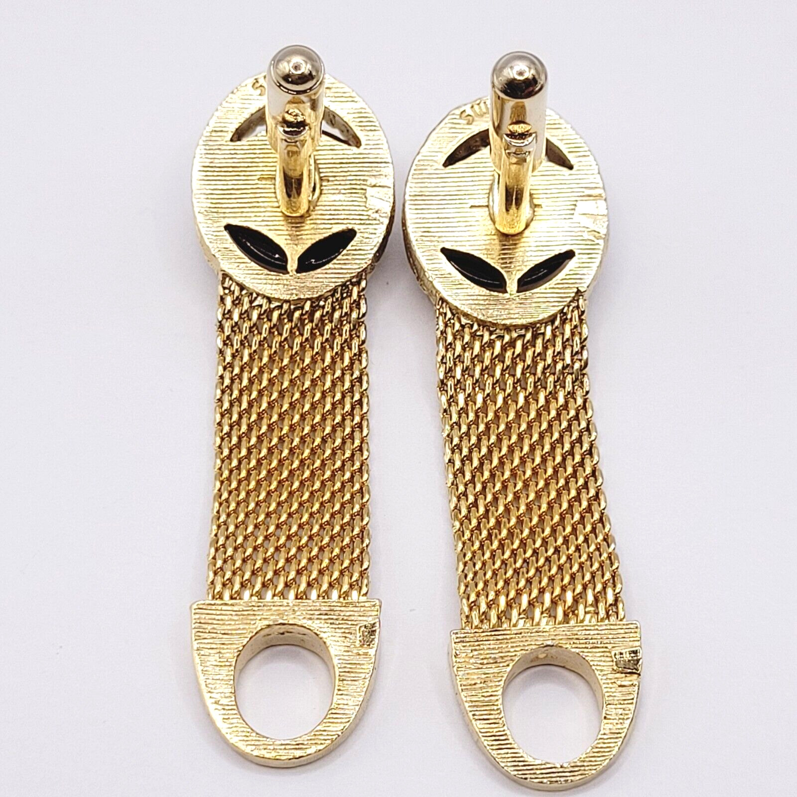 Swank Brown Lucite Tigers Eye Cabochon Center Gold Mesh Wrap Fancy Cufflinks