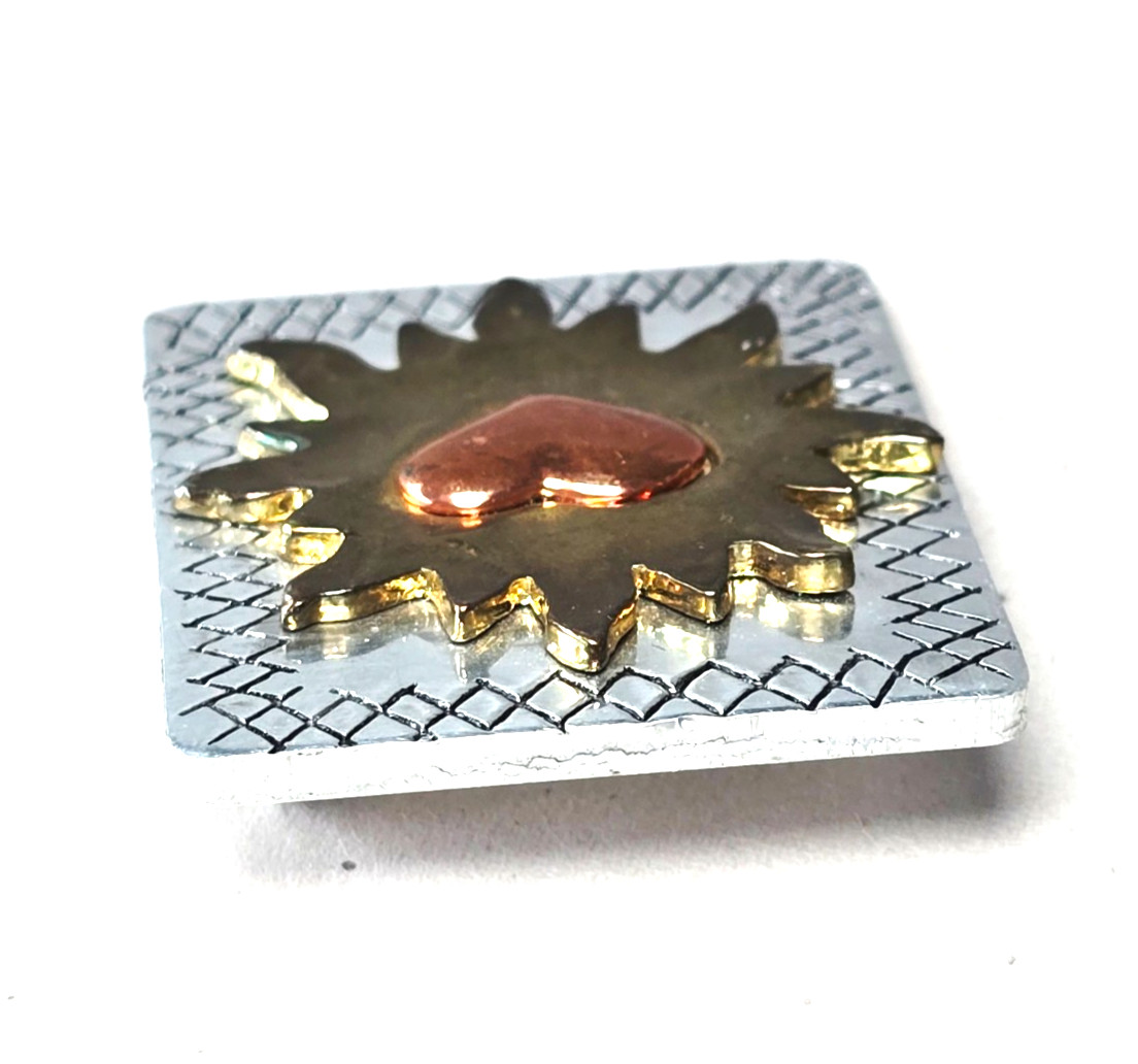 Vintage Handcrafted Sunburst Heart Brooch Mixed Metal Safety Bar Clasp