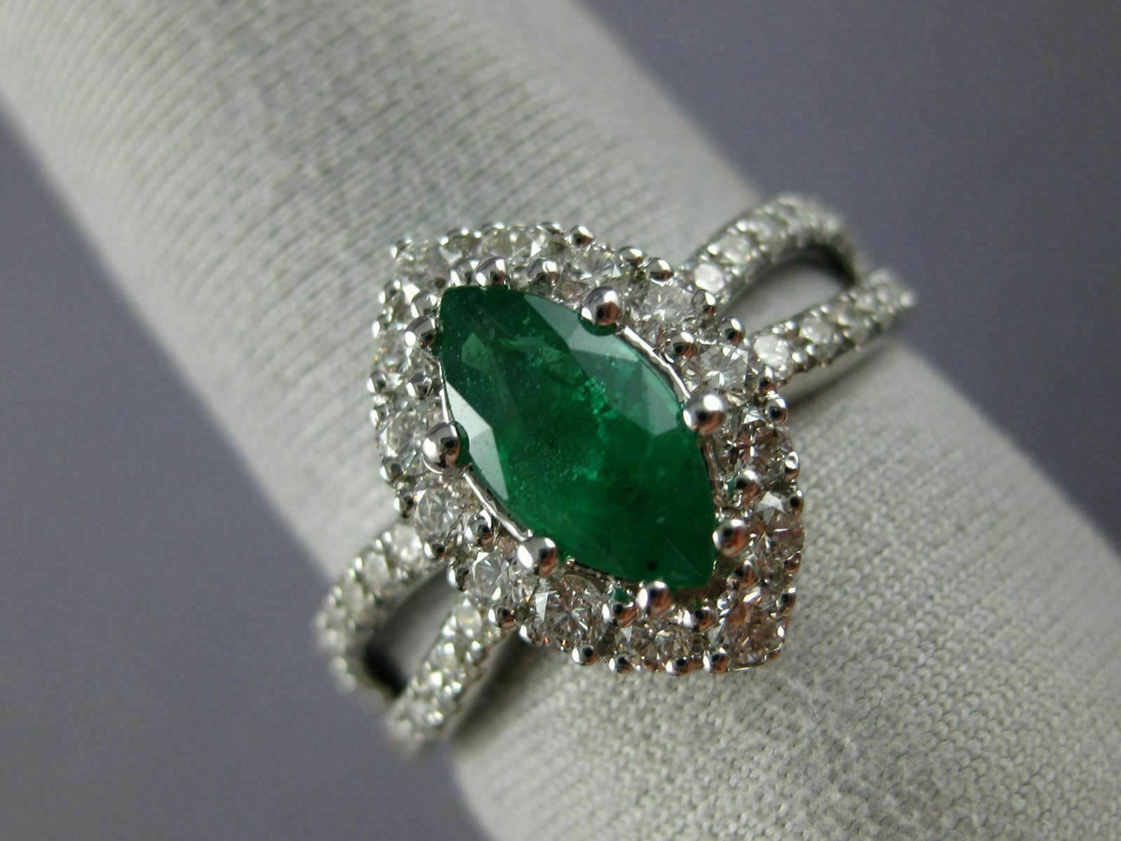 ESTATE 1.53CT DIAMOND & AAA EMERALD 18KT WHITE GOLD CLASSIC HALO ENGAGEMENT RING
