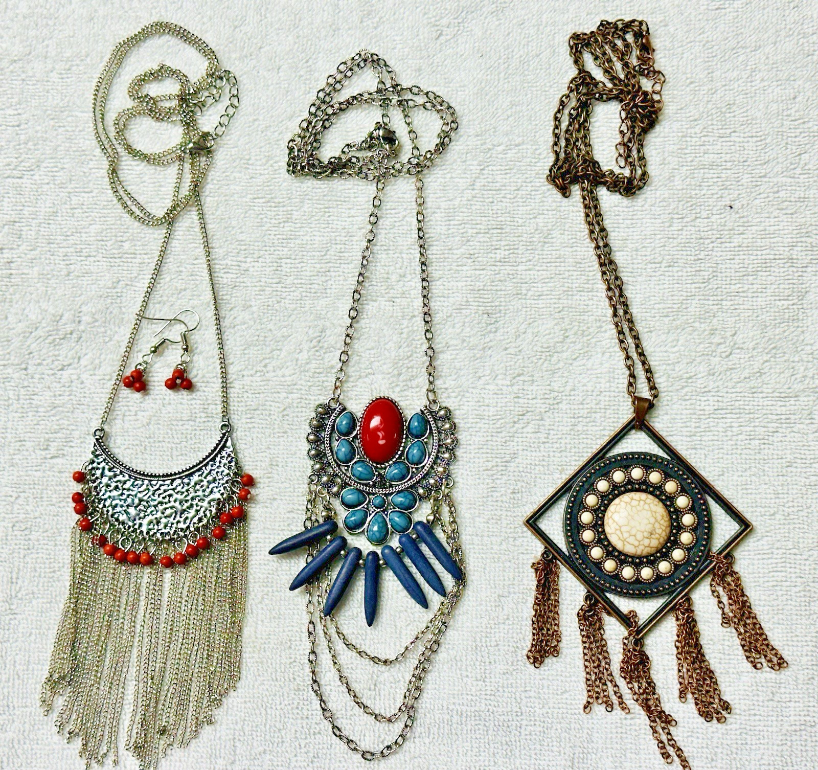 Bold Mod Chain Fringe Bead Cabochon Bib Focal Tassel Pendant 3 Necklace Lot n840