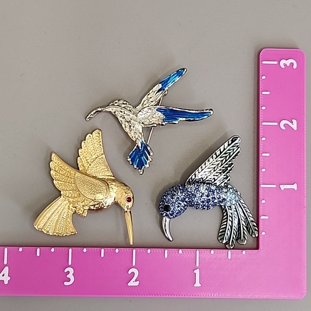 Hummingbird Brooch Lot of 3 Blue Rhinestones Enamel 1.5-2″