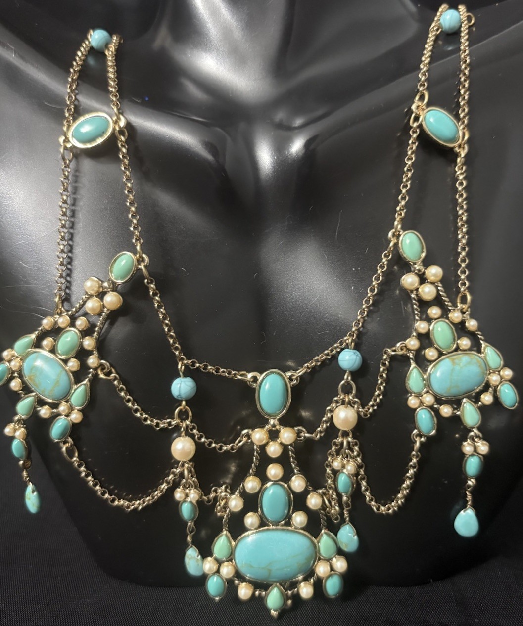 Monet Festoon Necklace Gold Tone, Faux Pearl Victorian Revival Design 15”