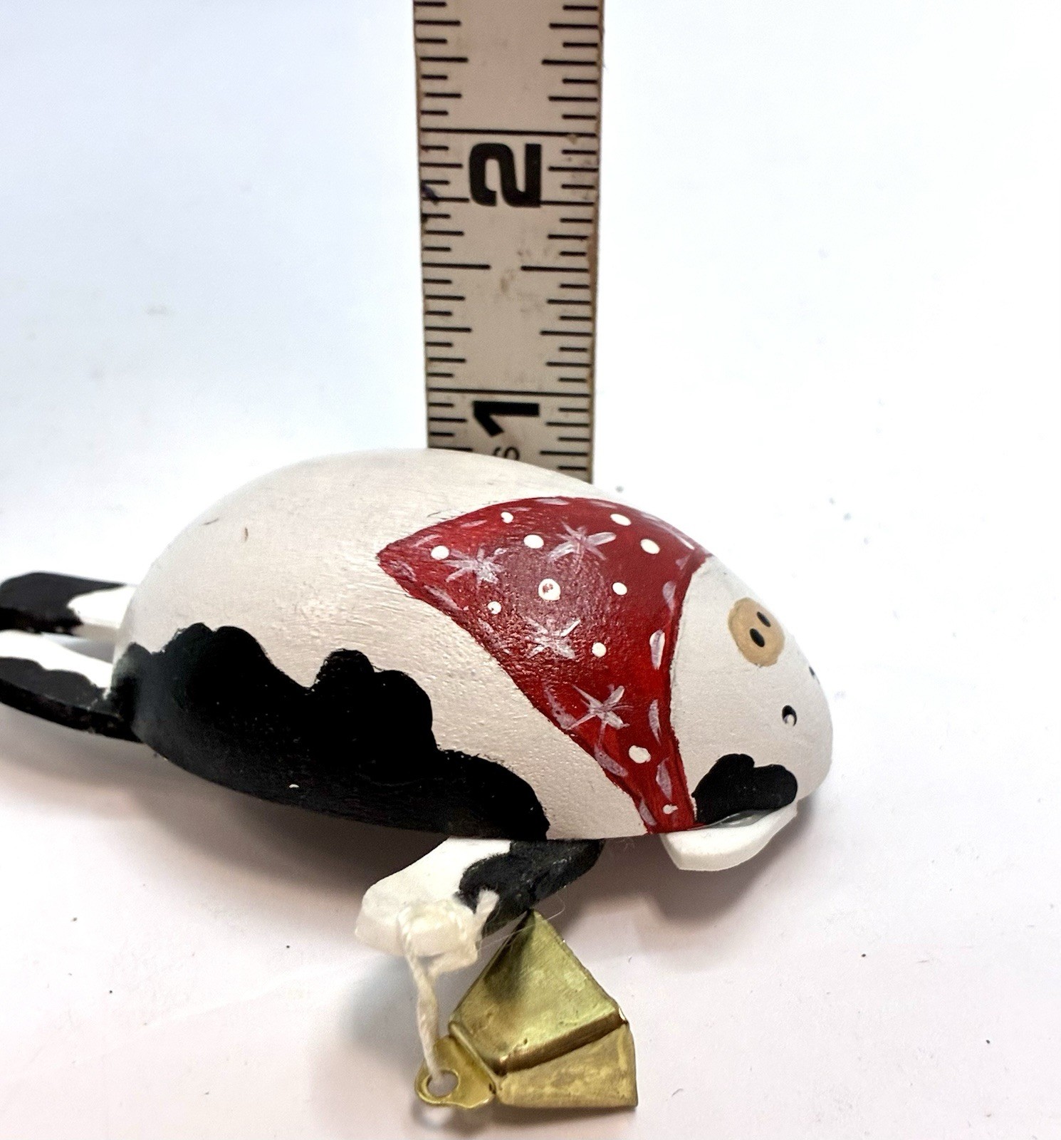 Cow Brooch Wooden Pin With Bell Handmade Hand Painted Wood Vtg 90’s
