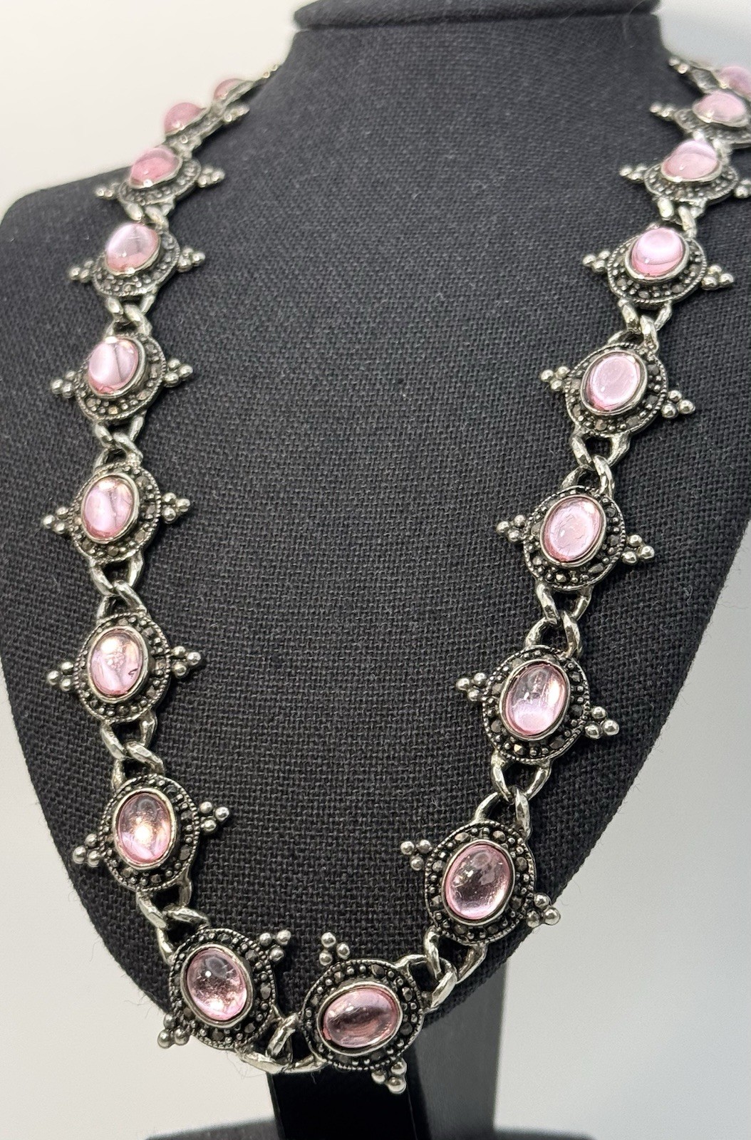Vintage Silver Beaded & Marcasite Collar Necklace, Bezel Set With Pink Cabochons