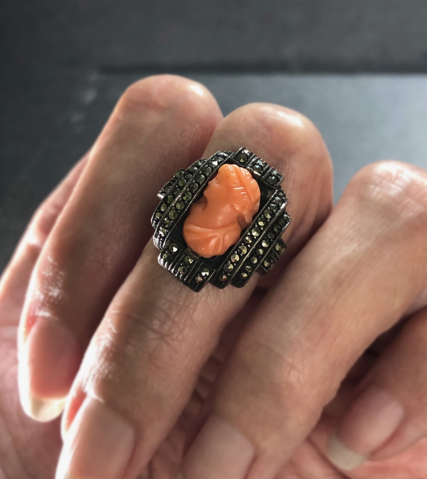 HEIRLOOM Antique EARLY VICTORIAN CORAL CAMEO Sterling Silver, Marcasite. German
