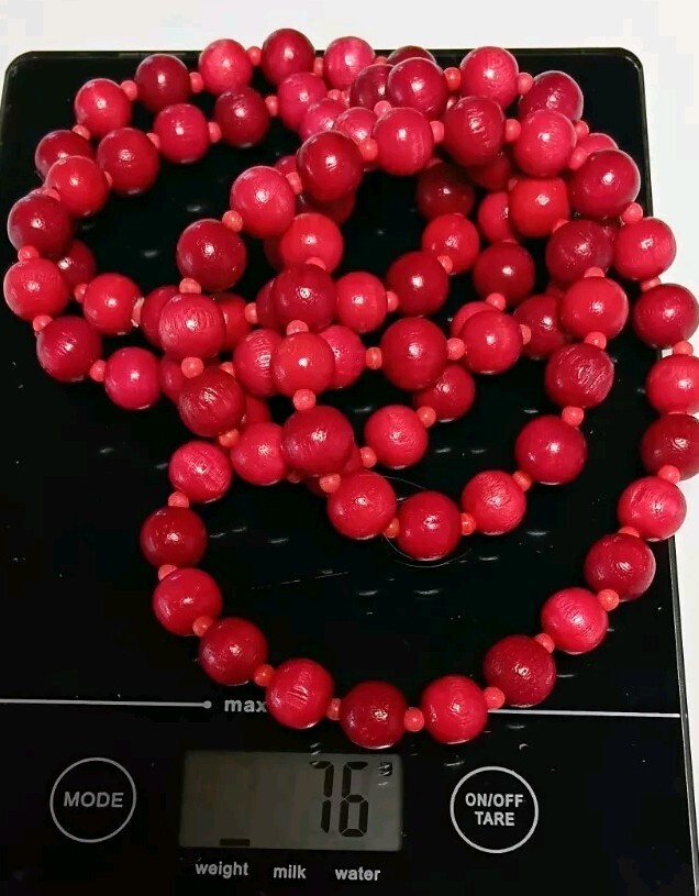 Vintage 135cm Red Carved Wooden & Glass Spacer 11mm Bead Necklace 76 grams